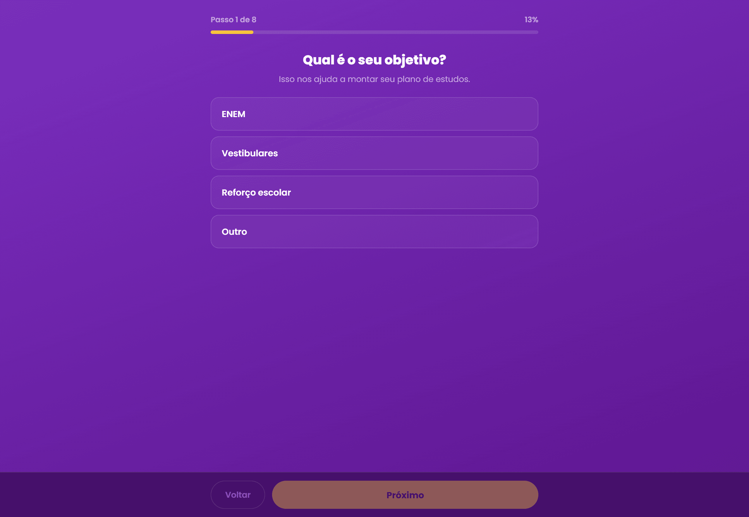 Onboarding — "Qual é o seu objetivo?"
